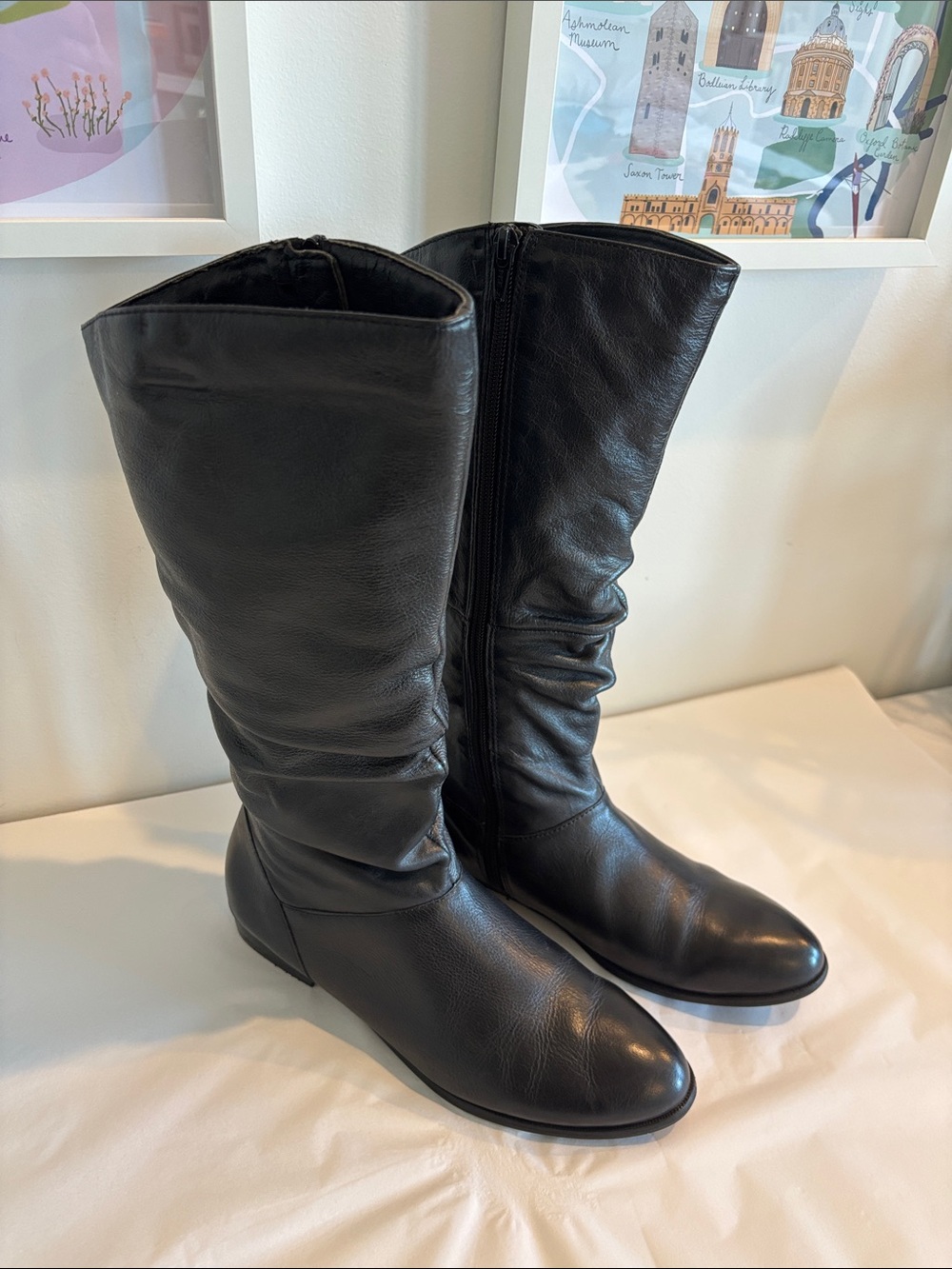 ALDO Black faux Leather slouchy Mid-Calf Boots side zipper round toe flats sz 8 - Picture 4 of 17